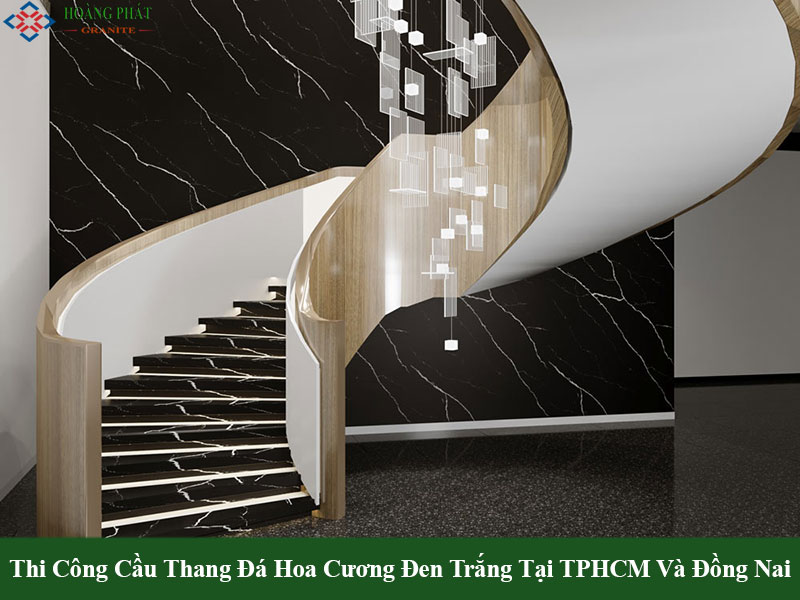 Mẫu đá granite đen trắng ốp cầu thang đẹp hiện đại